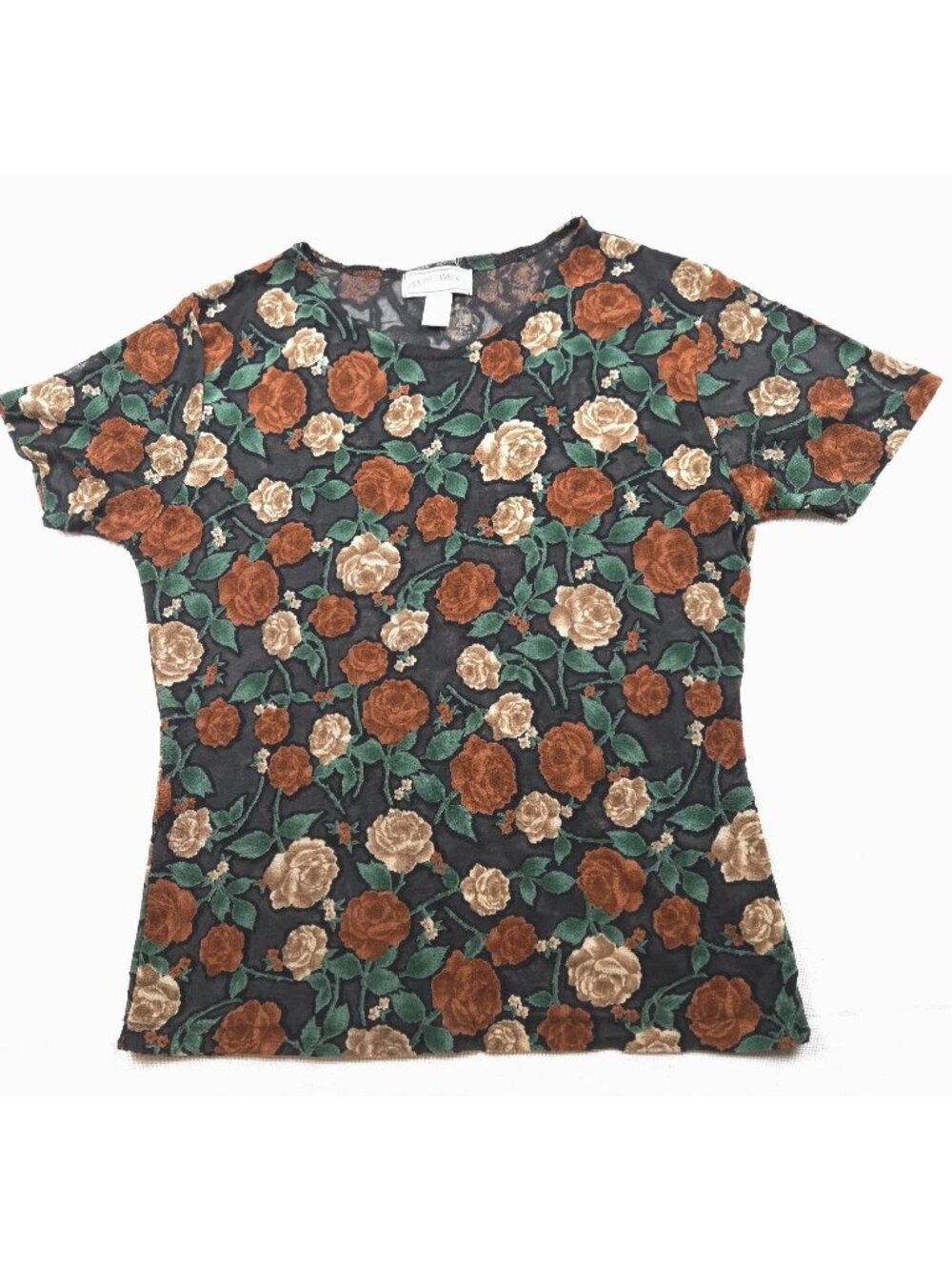 Frazier Lawrence Vintage Mesh Top Women's M Black Red Rose Sheer Burnout Floral